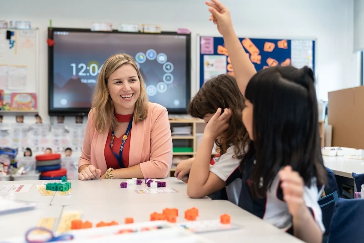 Elementary principal joining elementary math class at Stamford American HK